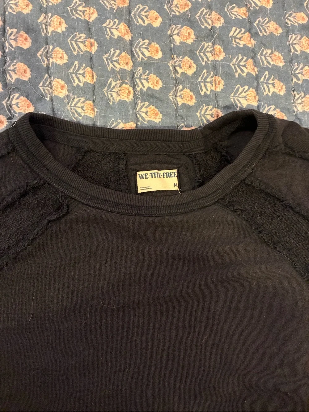 FREE PEOPLE We The Free Black Sweatshirt with Colorful Patchwork Sleeves sz M -